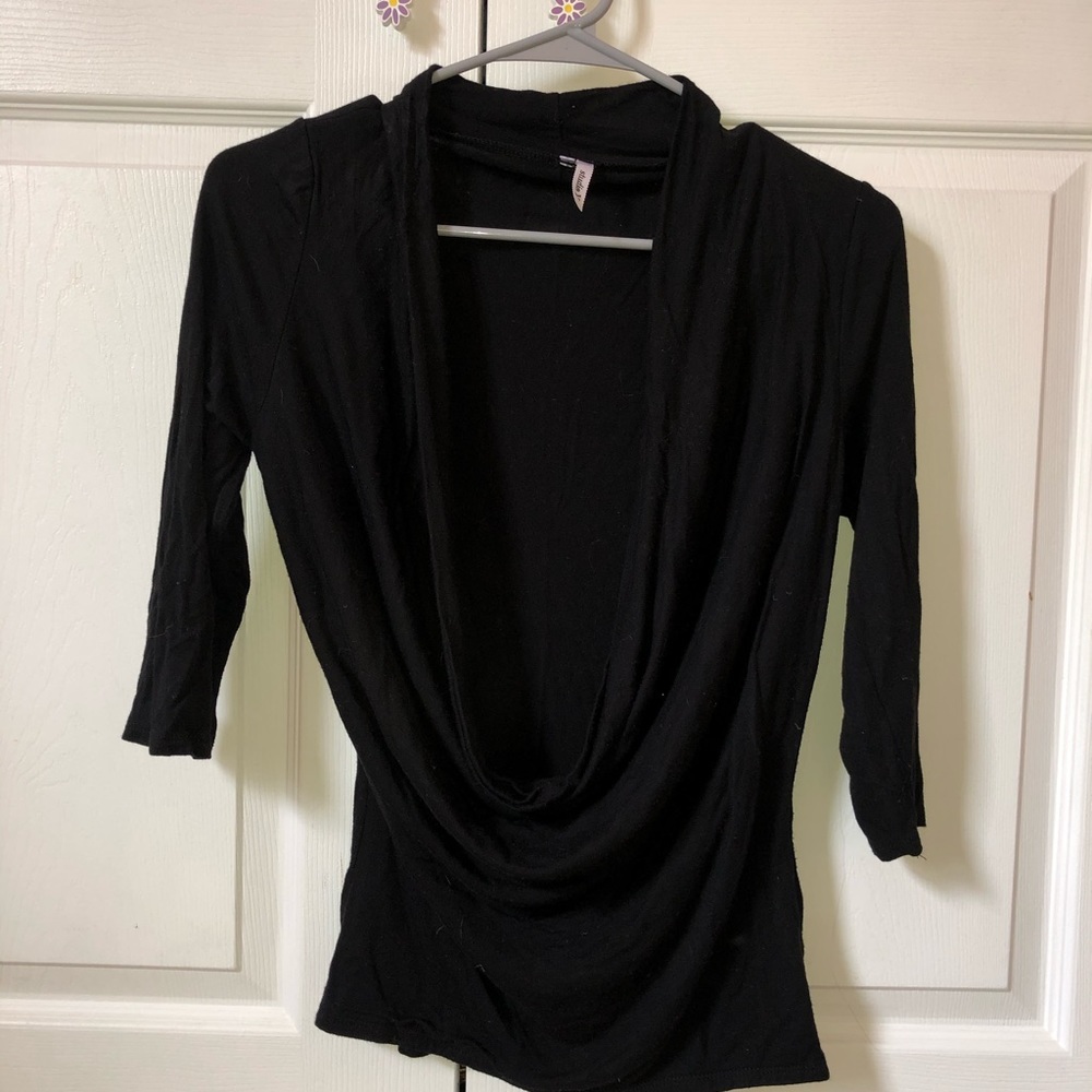 Black 3/4 Sleeved Open Drape Neck Top Studio Y